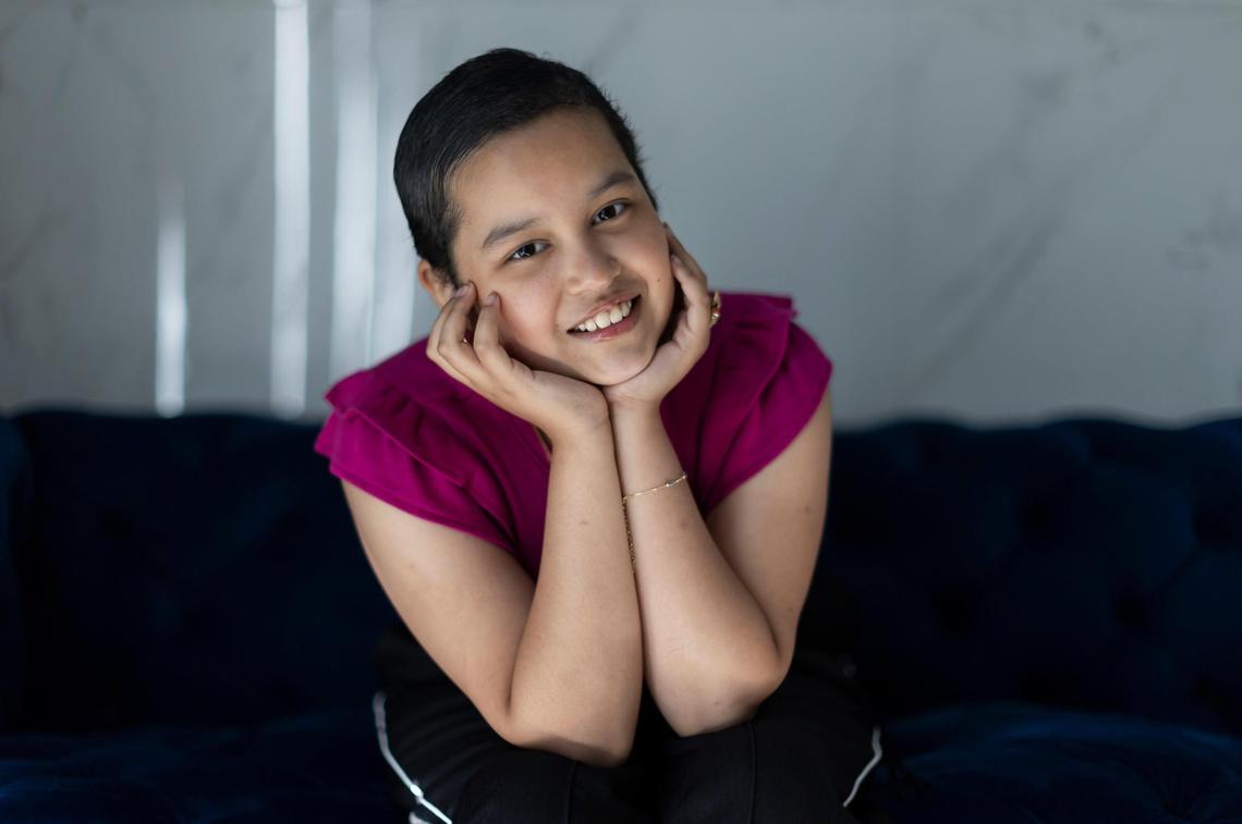 Elizabeth Izaguirre, 10, who was diagnosed with leukemia in December 2023 and has been receiving cancer treatment at Nicklaus Children’s Hospital, is photographed at her home in North Miami Beach.