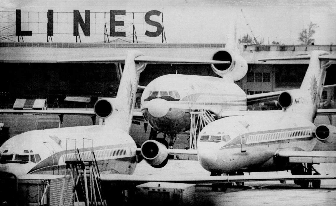 National Airlines jets lined up at a Miami's International Airport hangar in 1974
