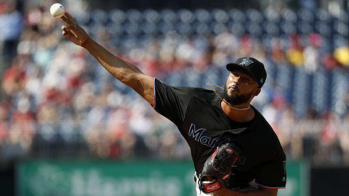 Miami Marlins starting pitcher Sandy Alcantara follows through during the second inning of a baseball game against the Washington Nationals, Saturday, May 25, 2019, in Washington. (AP Photo/Jacquelyn Martin)