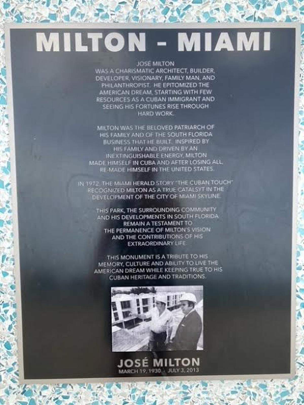 A plaque in tribute to Jose Milton at the Upper Eastside park Miami commissioners want to rename in Milton’s honor. Credit: Geoffrey Bash.
