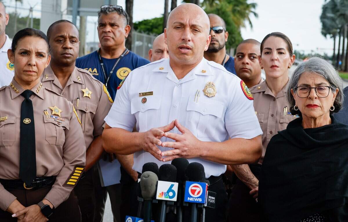 Miami-Dade Fire Rescue Chief Raied "Ray" Jadallah speaks to reporters at a press conference regarding the multiple fatalities caused by an Amazon Prime Air Boeing 767 crash off the runway west of Miami International Airport on Sunday, Sept. 6, 2026.