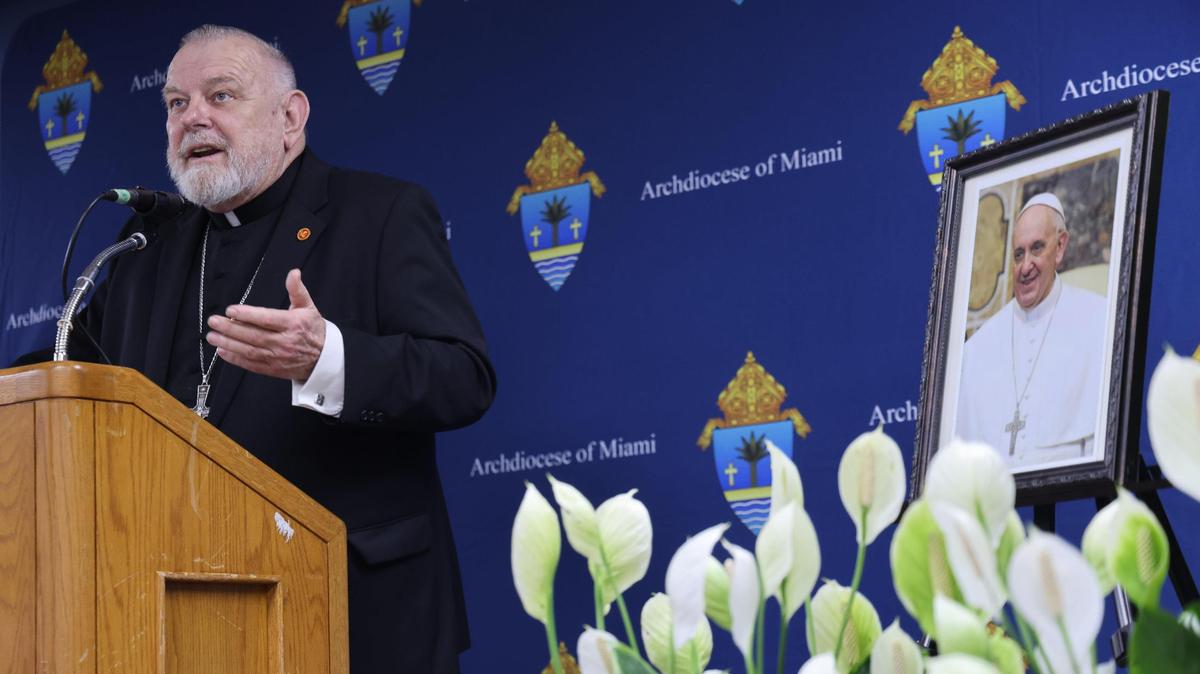 Archbishop Thomas Wenski speaks about the late Pope Francis at the Archdiocese of Miami Pastoral Center-Chancery in Miami Shores on Monday. The popular pontiff died a day after Easter at the age of 88.