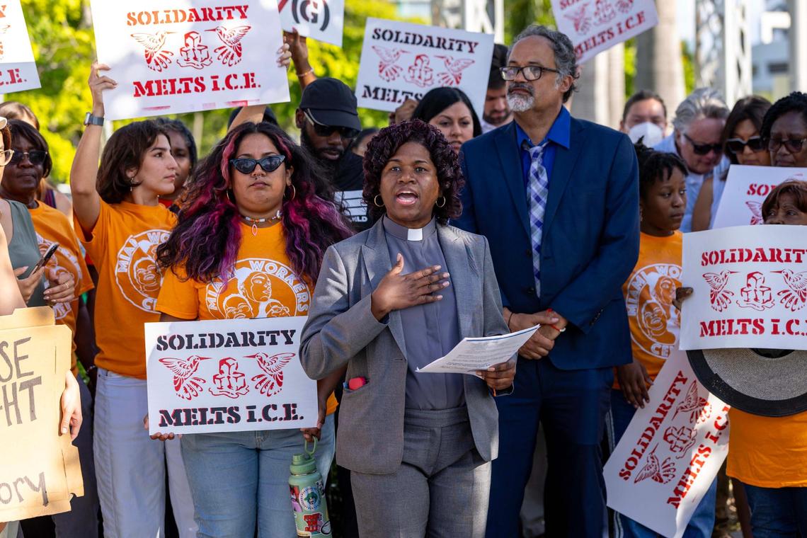 Ebenezer United Methodist Church Senior Pastor Sherlain Stevens speaks to the media during a press conference hosted by ACLU Florida, Florida Rising, the Florida Immigrant Coalition and Family Action Network Movement on Tuesday, June 17, 2025, in Miami.