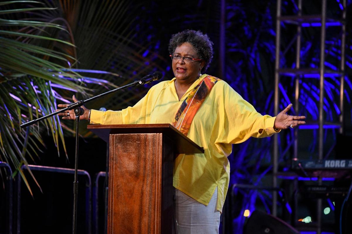 Prime Minister Mia Amor Mottley of Barbados speaks during the official opening of the Golden Square Freedom Park in Bridgetown, Barbados, on Nov. 27, 2021.