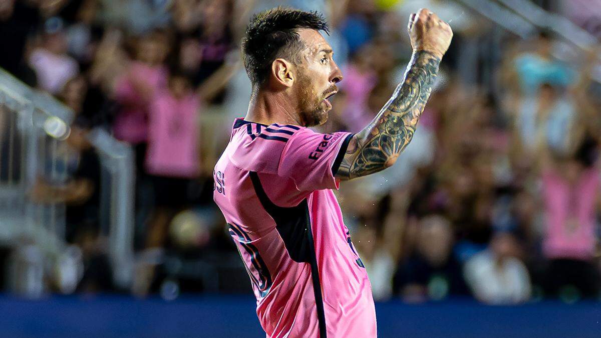 Inter Miami forward Lionel Messi (10) reacts after scoring a goal in the second half of their MLS match against Charlotte FC at Chase Stadium on Saturday, Sept. 28, 2024, in Fort Lauderdale, Fla.