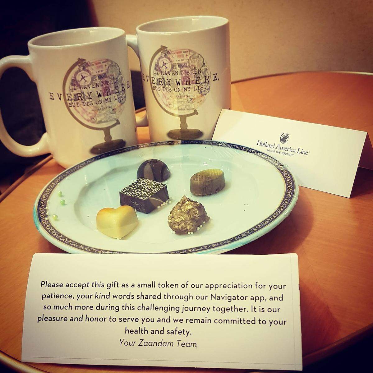 Passengers aboard the Zaandam cruise ship received a small gift and special dessert the night before they were to disembark into Port Everglades, Florida.