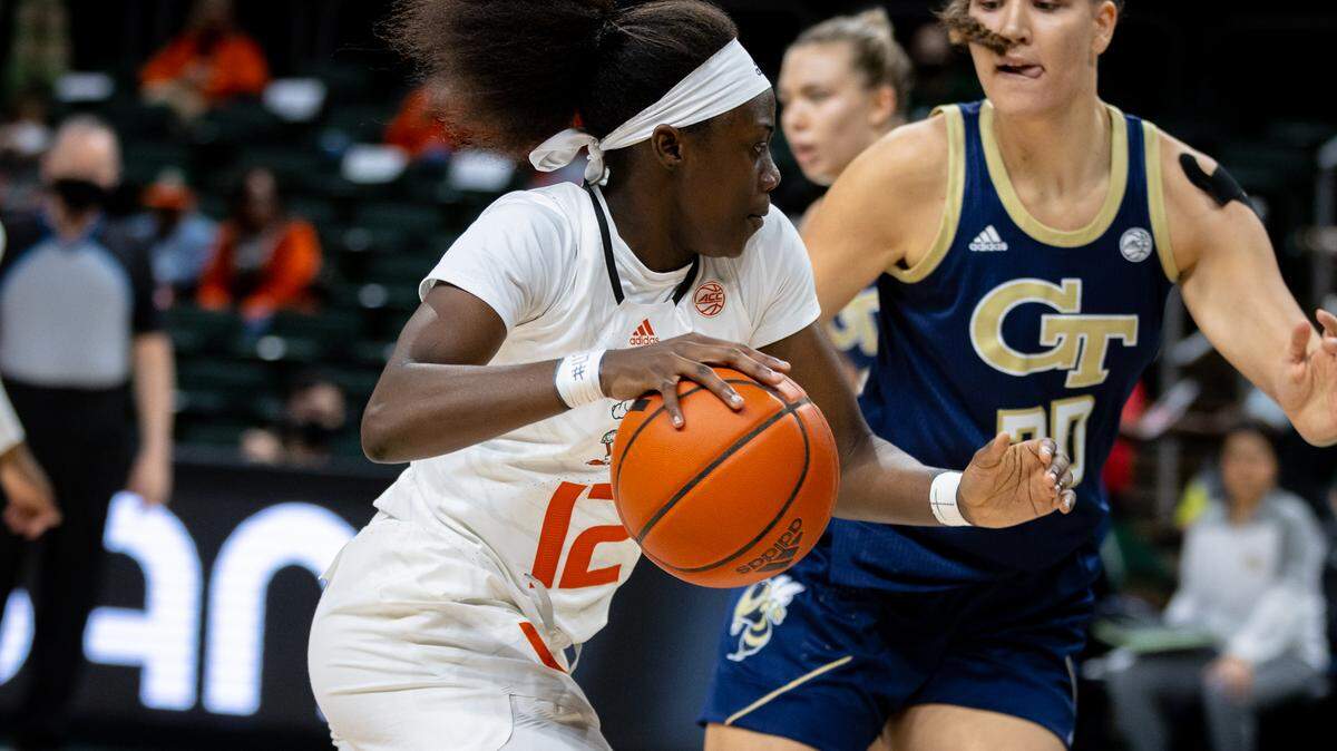 Freshman Ja’Leah Williams scored nine points, including the game-winning layup, and had six rebounds and four steals as the University of Miami upset No. 15 Georgia Tech 46-45 on Jan. 16,2022.