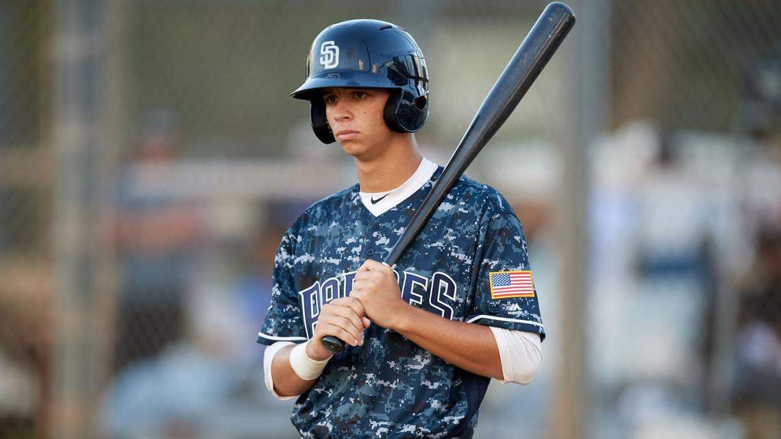 Connor Scott (24) while playing for Padres Scout Team/Scorpions based out of Altamonte Springs, Florida during the WWBA World Championship at the Roger Dean Complex on October 21, 2017 in Jupiter, Florida.  Connor Scott is a outfielder / pitcher from Tampa, Florida who attends Plant High School.  (Mike Janes/Four Seam Images via AP)