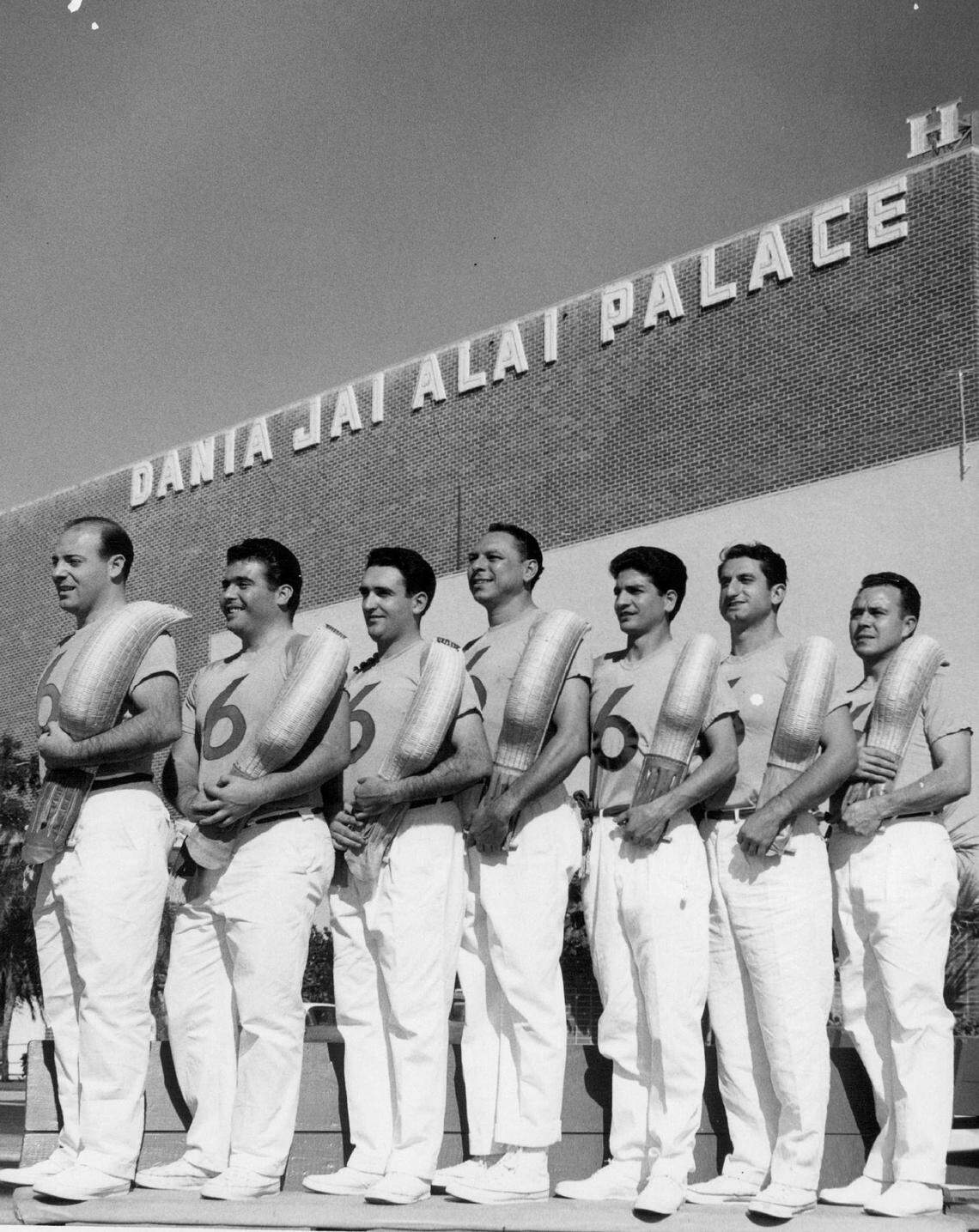 Seven champions at Dania Jai Alai: Left to right, Echaniz, Aldolfo, Javy, Frias, Alex, Egurbi and Echave.