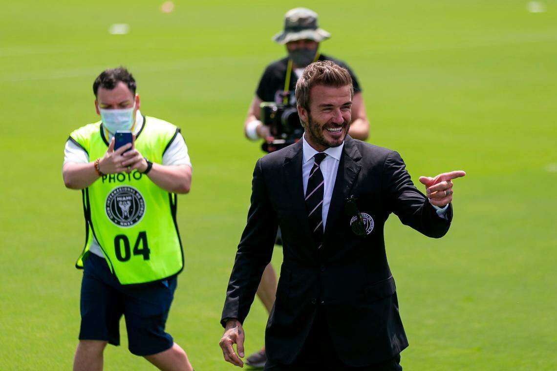 Inter Miami CF Co-owner David Beckham greets fans before the start of his teams MLS soccer match against the Los Angeles Galaxy at the DRV PNK Stadium on Sunday, April 18, 2021, in Fort Lauderdale, Florida.