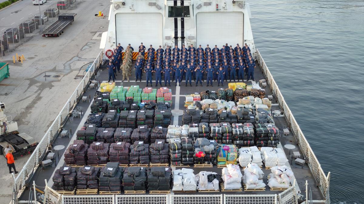The U.S. Coast Guard Cutter Hamilton offloads more than 76,140 lbs of illegal narcotics at Port Everglades Monday, Aug. 25, 2025. This is the largest cocaine offload to date in Coast Guard history, with the assistance of partner agencies, during counterdrug operations in the Eastern Pacific Ocean and Caribbean Sea.