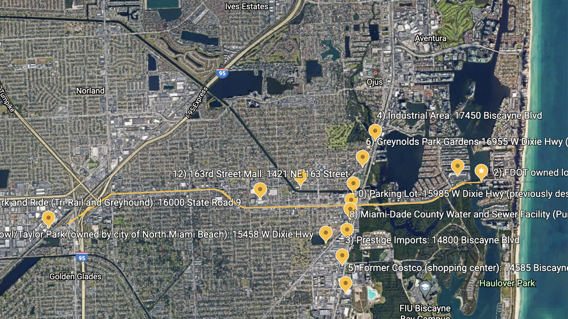 Possible routes and stops for a proposed Boring Company transit system in North Miami Beach.