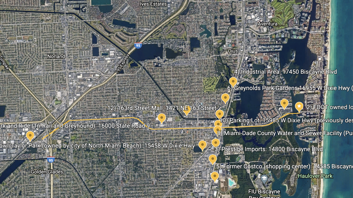 Possible routes and stops for a proposed Boring Company transit system in North Miami Beach.