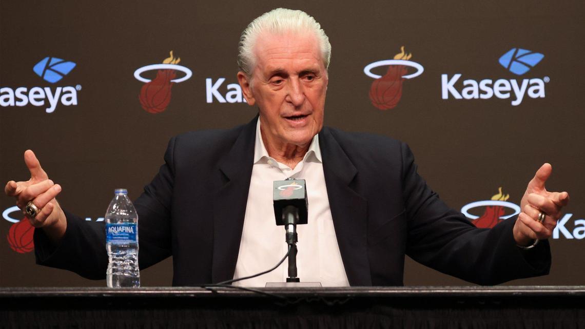 Heat president Pat Riley responds to a question regarding Jimmy Butler’s extension during his end of the season press conference at the Kaseya Center in Miami, Florida on Monday, May 6, 2024.