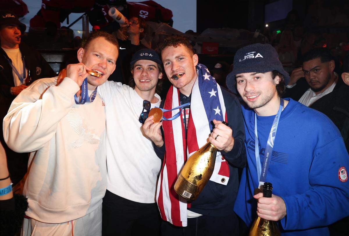 MIAMI, FLORIDA - FEBRUARY 23: Brady Tkachuk, Jack Hughes, Matthew Tkachuk and Quinn Hughes attend a celebration of the USA Men's Hockey Team's Olympic Gold at E11EVEN Miami on February 23, 2026 in Miami, Florida.  (Photo by Alexander Tamargo/Getty Images for E11EVEN Miami)