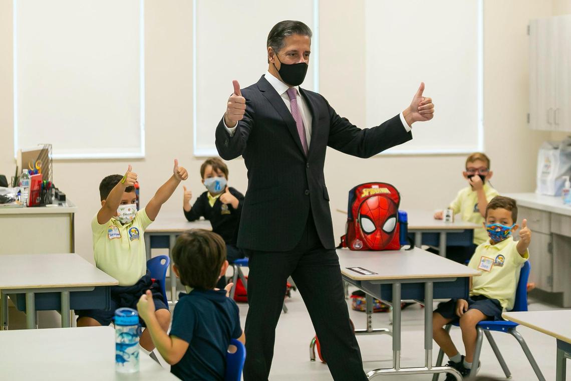 Miami-Dade School Superintendent Alberto Carvalho talks to kindergarten students during the first day back at school at Andrea Castillo Prep K-8 in Doral, Florida on Monday, October 5, 2020. Schools reopened for pre-k, kindergarten, first grade and for students with disabilities on a modified curriculum who have opted for in-person learning.