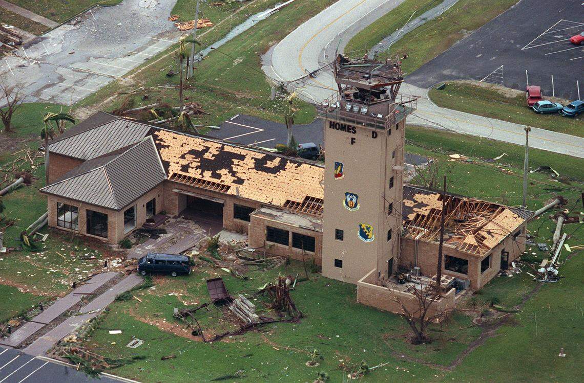 The air traffic control tower at Homestead Air Force Base remained intact after Hurricane Andrew in August 1992. Much of the rest of the base did not.