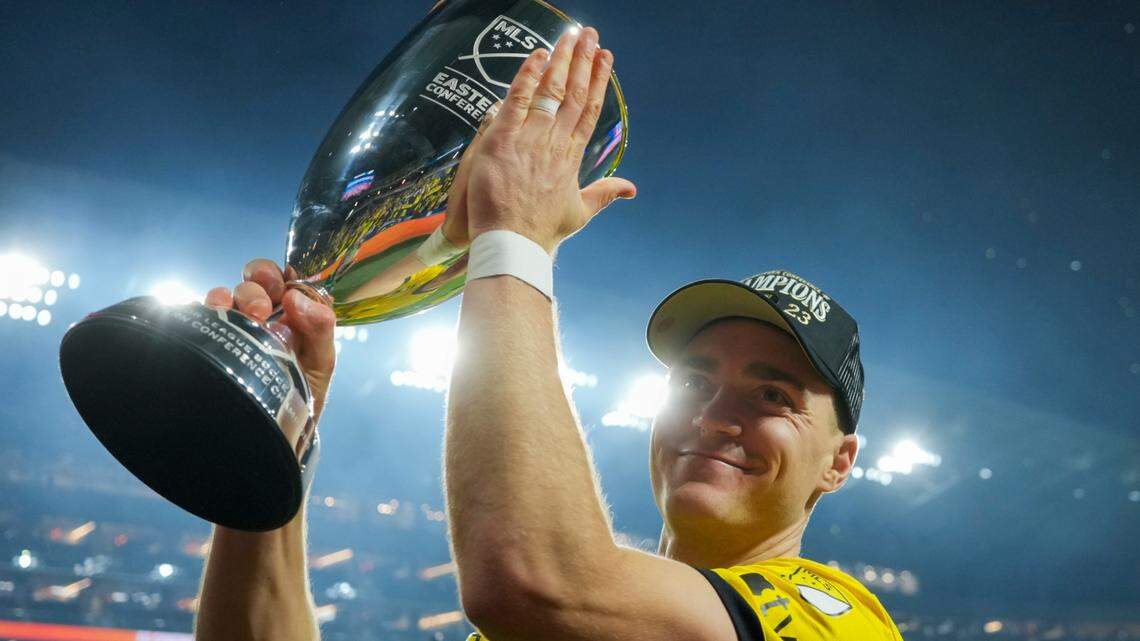 Dec 2, 2023; Cincinnati, Ohio, USA; Columbus Crew winger Julian Gressel (7) celebrates with the trophy after defeating FC Cincinnati at TQL Stadium. He is a free agent and expected to sign with Inter Miami for the 2024 season.