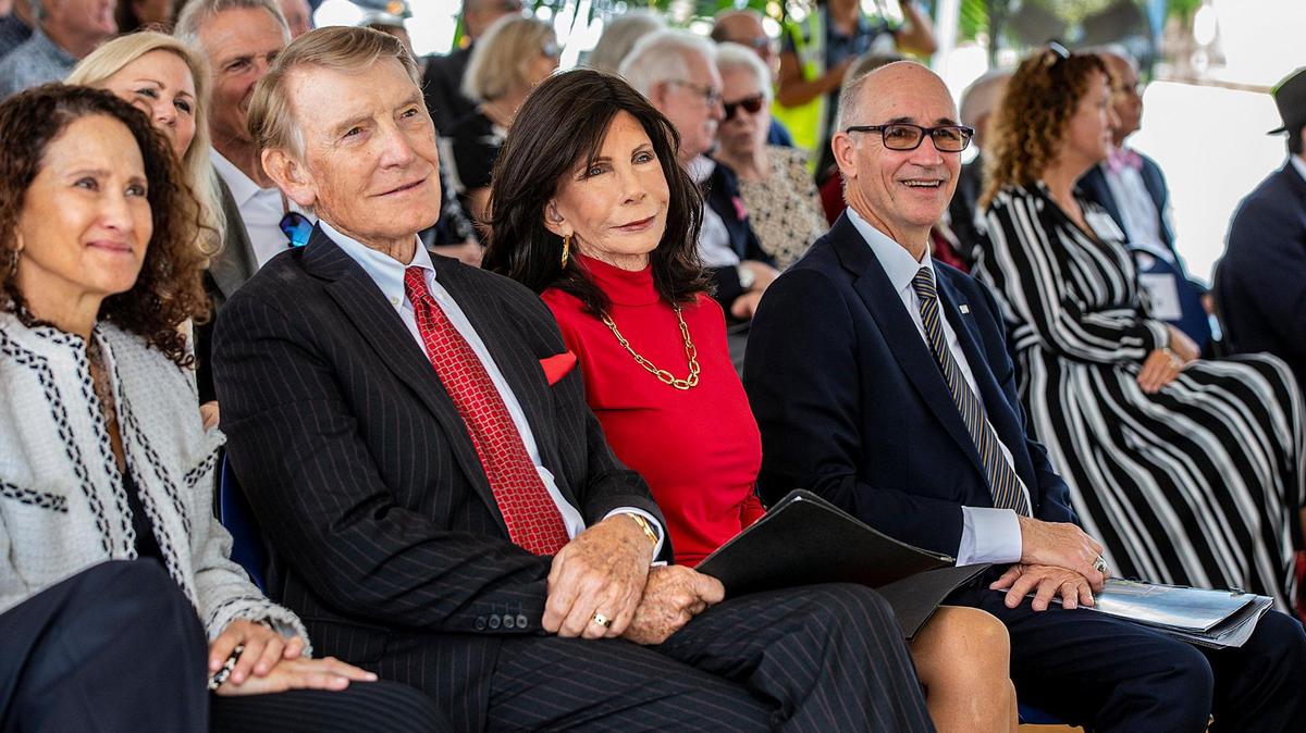 From left- Debbie Benitez, philanthropists Trish and Dan Bell with FIU President Kenneth A. Jessell, during the groundbreaking ceremony for the Trish and Dan Bell Chapel at Florida International University on Wednesday, April 19, 2023. The chapel will be a nondenominational gathering place for worship, contemplation, spiritual strengthening and mutual understanding.