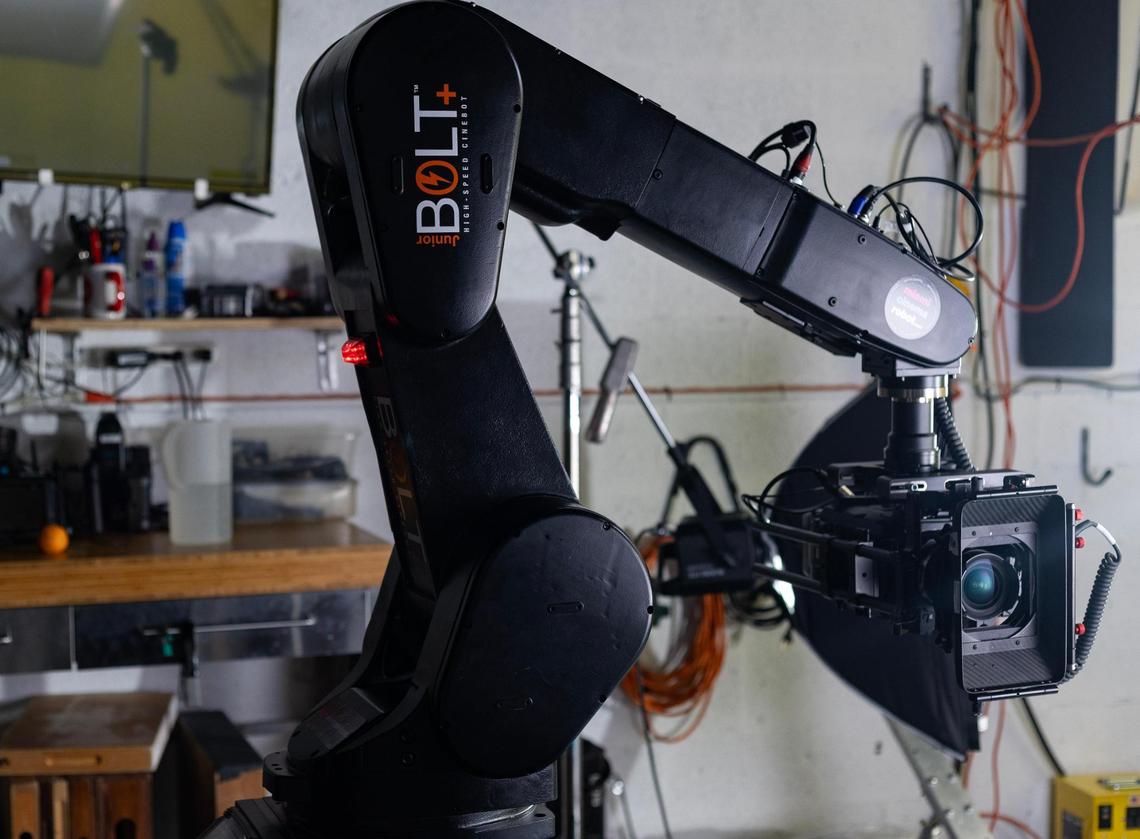 The Bolt Jr.+ seen in Aguila’s studio on Aug. 9, 2023. The robot moves precisely based on inputs in the software, Flair.