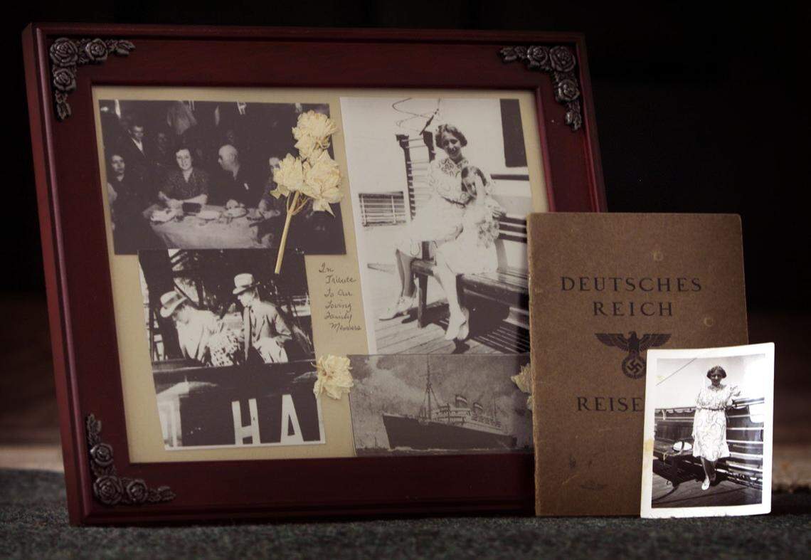 Photos of Edith Babich and her family along with her passport that she used to board the SS St. Louis that was first turned away from Cuba and then Florida and sent back to Nazi Germany.(bottom photo on the right is Edith on board the ship, the two photos on the left in the frame are Edith’s parents and the photo to the right in the frame is Edith on board with her younger sister.)Edith was a passenger on board the St. Louis when she was 16 years old. She and other surviving passengers will meet for a reunion of their fateful voyage.