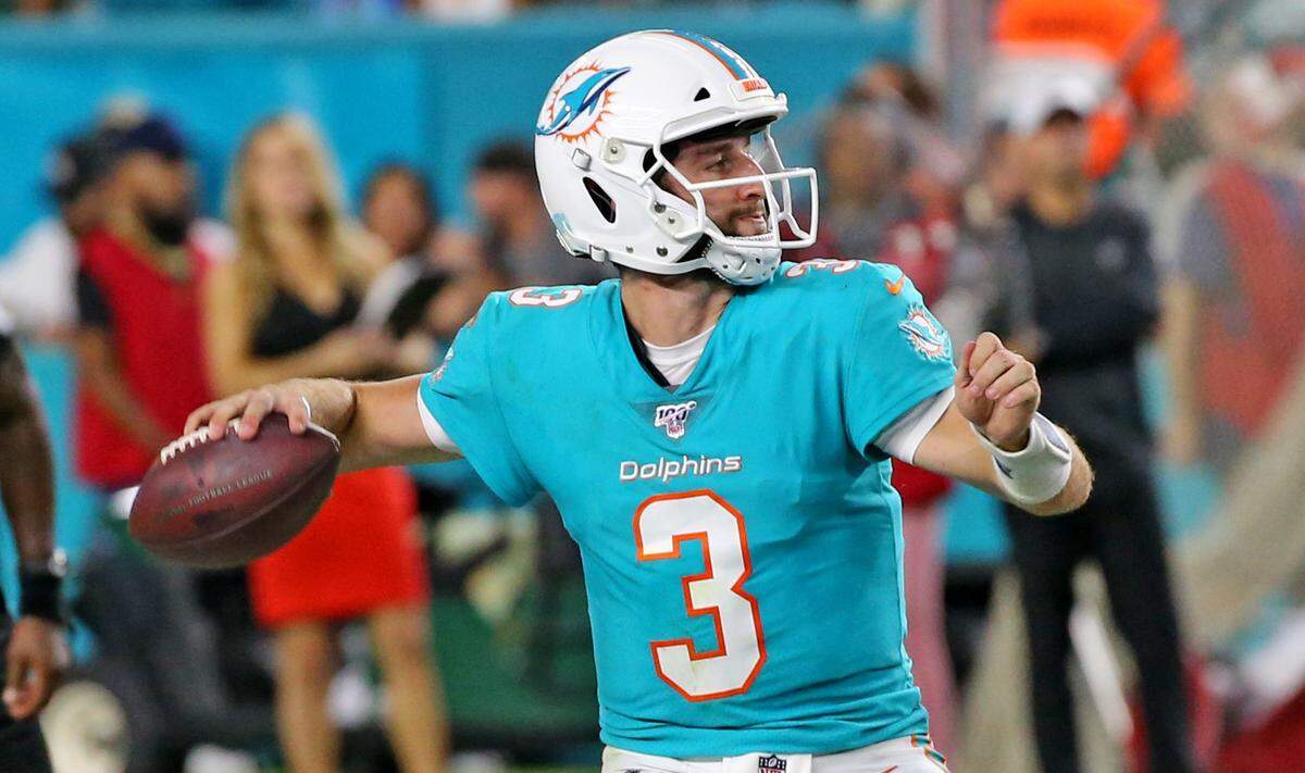 Miami Dolphins quarterback Josh Rosen (3) as they play the Atlanta Falcons at Hard Rock Stadium in Miami Gardens, Florida, Thursday, August, 8, 2019.