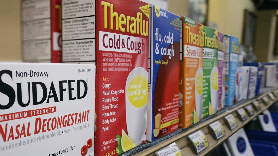 Boxes of cold medicines are seen behind a pharmacy counter at Central Drugs on Wednesday, June 29, 2005, in Portland, Ore.