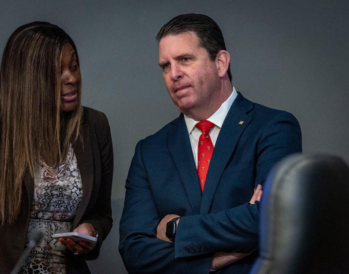 Miami City Attorney George Wysong, right, on May 23, 2024. His office declined to answer questions about the eminent domain proceedings because it is an “active legal matter.”