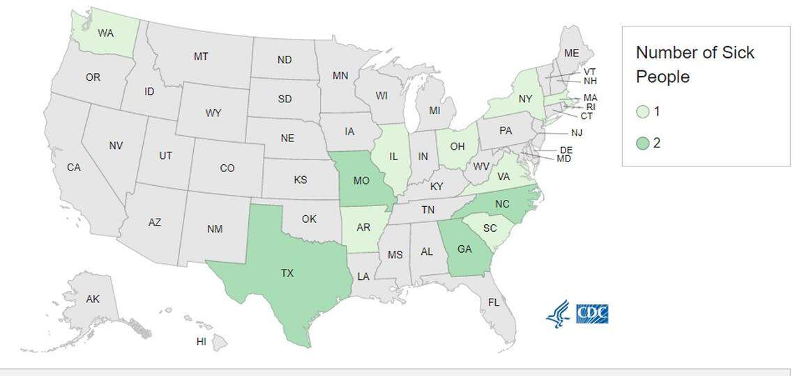 This CDC map shows where people in the Jif peanut butter salmonella outbreak lived, as of May 26, 2022. According to the CDC, the outbreak may not be limited to the states listed because many people recover without medical care and are not tested for salmonella.