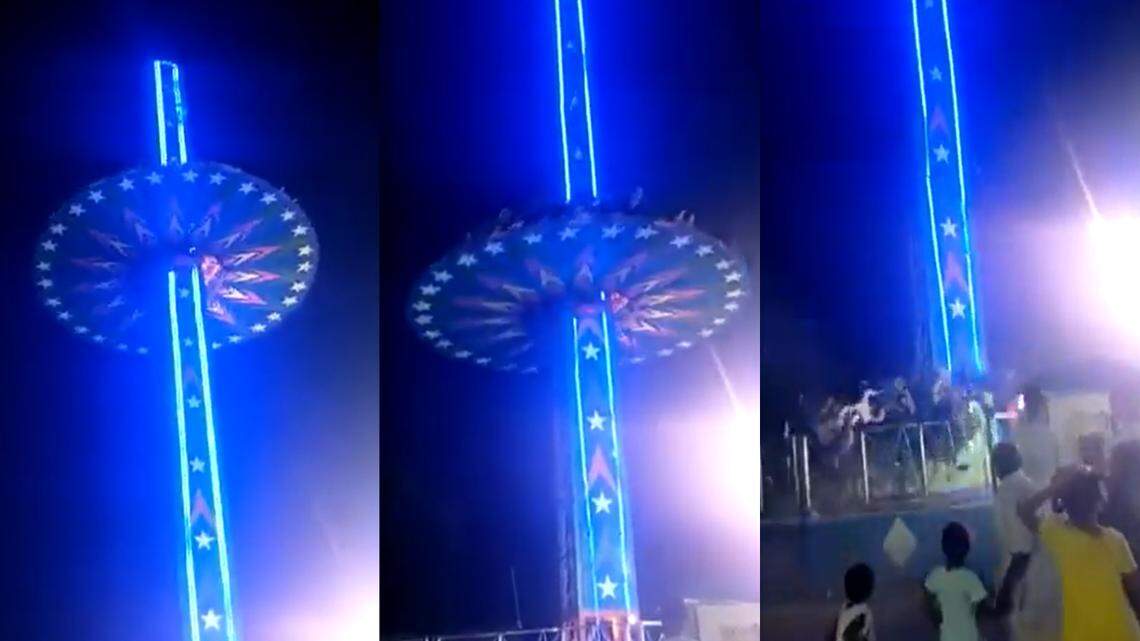 Video footage shows a carnival ride in Mohali, Punjab, India, fall about 50 feet and crash to the ground, injuring multiple riders, according to media reports.
