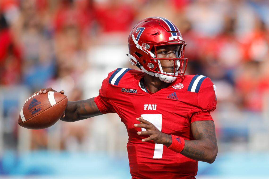 Florida Atlantic Owls quarterback N’Kosi Perry (7) attempts to throw the football during the first quarter of the Shula Bowl game against Florida International University at FAU Stadium in Boca Raton, Florida on Saturday, October 2, 2021.