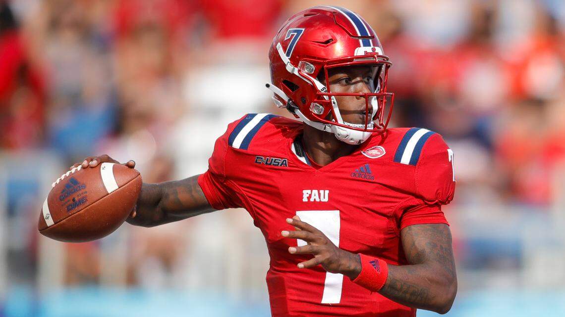 Florida Atlantic Owls quarterback N’Kosi Perry (7) attempts to throw the football during the first quarter of the Shula Bowl game against Florida International University at FAU Stadium in Boca Raton, Florida on Saturday, October 2, 2021.