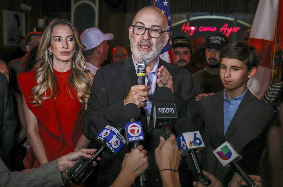 City of Miami mayoral candidate Emilio Gonzalez speaks to supporters and the media during election night watch party at Hoy Como Ayer in Little Havana, Miami Florida on Tuesday, November 4, 2025.