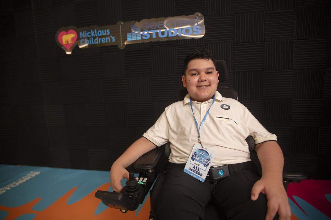 Nicolas Herrera, 11, arrives on the red carpet for the Nicklaus Children’s Hospital Seacrest Studio grand opening on Tuesday, Dec. 9, 2025, at Nicklaus Children’s Hospital in Miami.