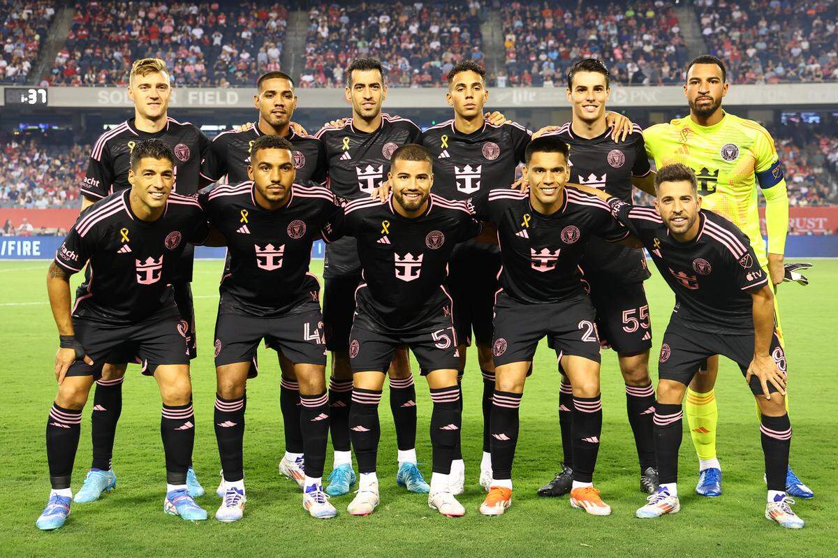 Aug 31, 2024; Chicago, Illinois, USA; Inter Miami CF starting eleven pose before the match against Chicago Fire FC at Soldier Field. Mandatory Credit: Mike Dinovo-USA TODAY Sports