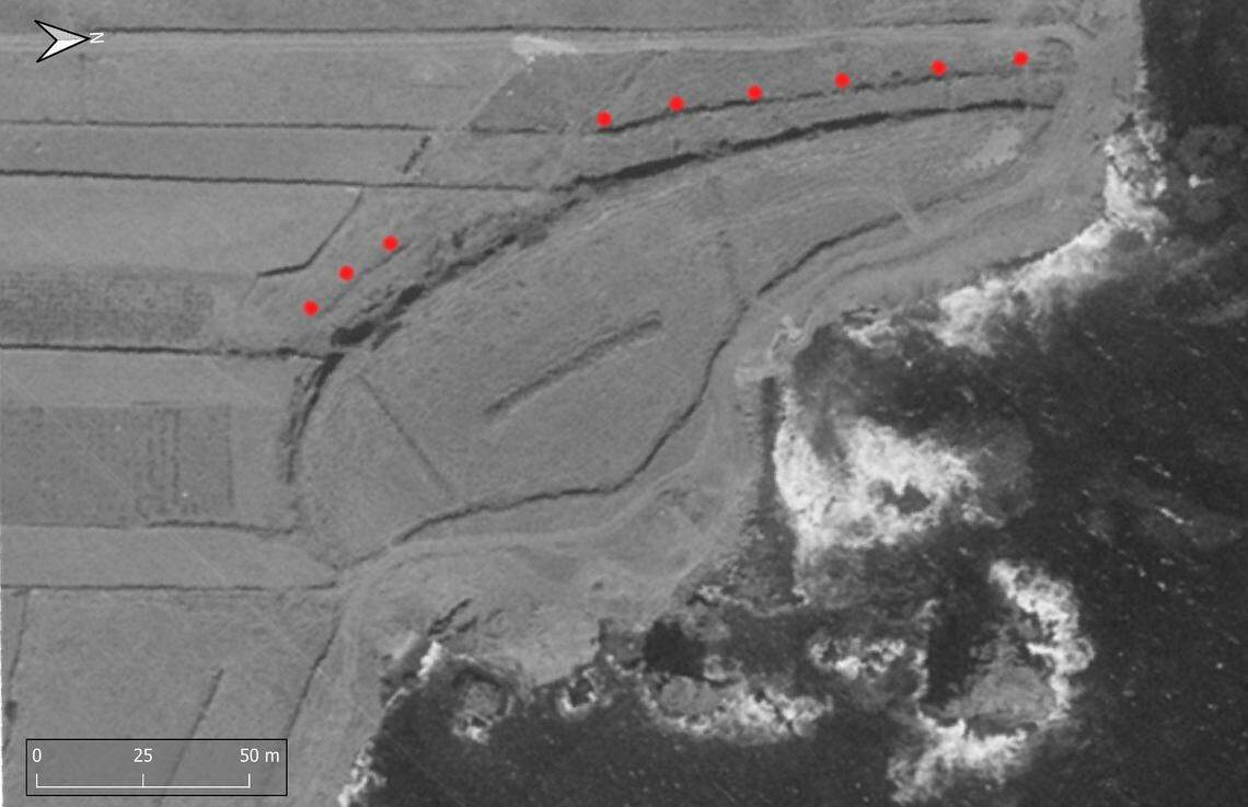 An aerial photo from 1968 showing the boulders outside of the village.