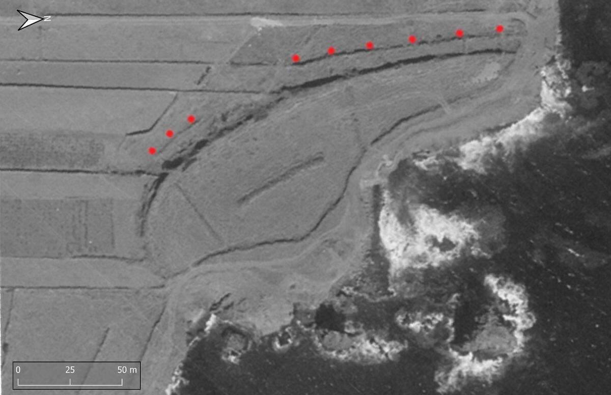 An aerial photo from 1968 showing the boulders outside of the village.