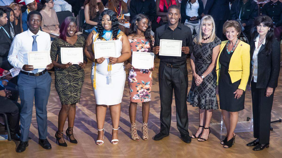 The Class of 2018 Big Brothers Big Sisters of Miami graduation celebration on June 5 at the New World Center in Miami Beach.  Among the recipients from left: Bill Thelusma, Dakayla Hester, Tyana Wright, Thamara Georges, and Keliel Jones. Celebrating with them at the award ceremony are the three chairs of the Lori Brener Scholarship committee Neyda Raola, Miriam Salazar, and Julia Alba.