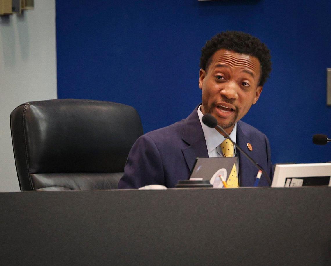 Broward School Board member Torey Alston addresses Dr. Earlean Smiley, the interim superintendent during a Broward County School Board meeting on Wednesday, Feb. 15, 2023, in Fort Lauderdale, Florida.
