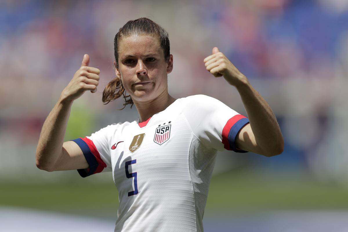 Kelley O’Hara, a defender for the United States women’s national team, which is headed to the FIFA Women’s World Cup, is introduced for fans during a send-off ceremony following an international friendly soccer match against Mexico, Sunday, May 26, 2019, in Harrison, N.J. The U.S. won 3-0.