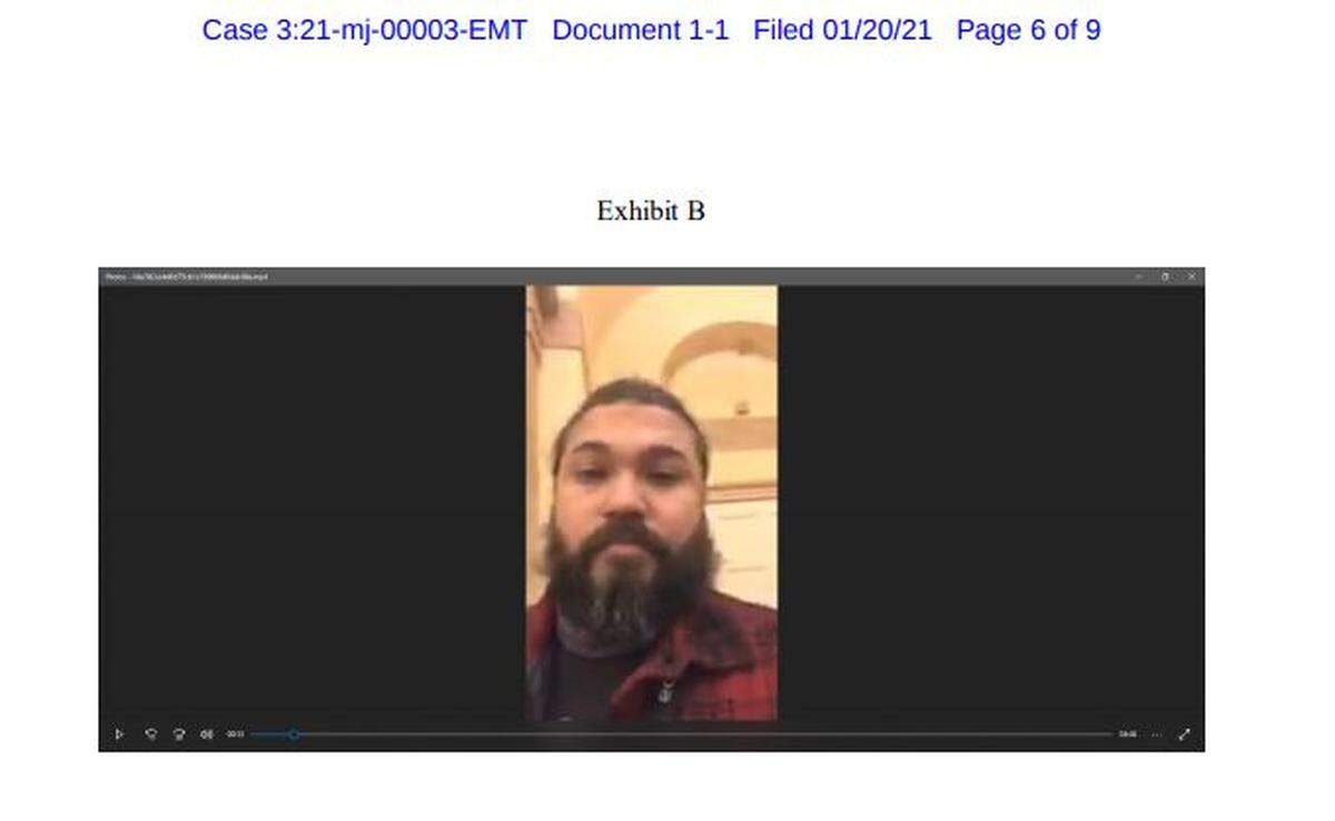 What federal prosecutors say is a video still as Jesus Rivera turns his camera on himself during the invasion of the U.S. Capitol on Jan. 6.