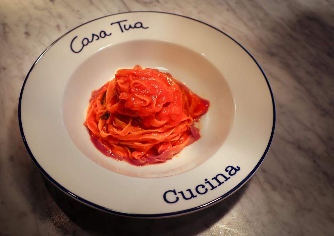 The Fettuccine Pomodoro E Basilico is one of Casa Tua Cucina's Italian dishes and was served on Thursday, April 16, 2026. Casa Tua Cucina in Wynwood, a spacious, upscale Italian food hall and restaurant features an open layout with high ceilings, communal tables, and multiple dedicated dining areas-making it suitable for both intimate dinners and larger group gatherings.