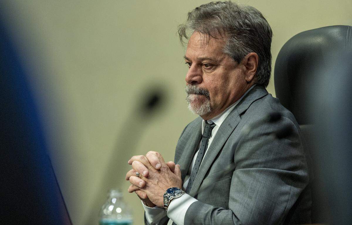 City of Miami Commissioner Miguel Angel Gabela reacts during a Commission meeting to discuss the proposed sale of the Olympia Theater at the Gusman Center for the Performing Arts' entire building to a public charter school, called Sports Leadership Arts Management, (SLAM), at City Hall, on Thursday September 25, 2025.