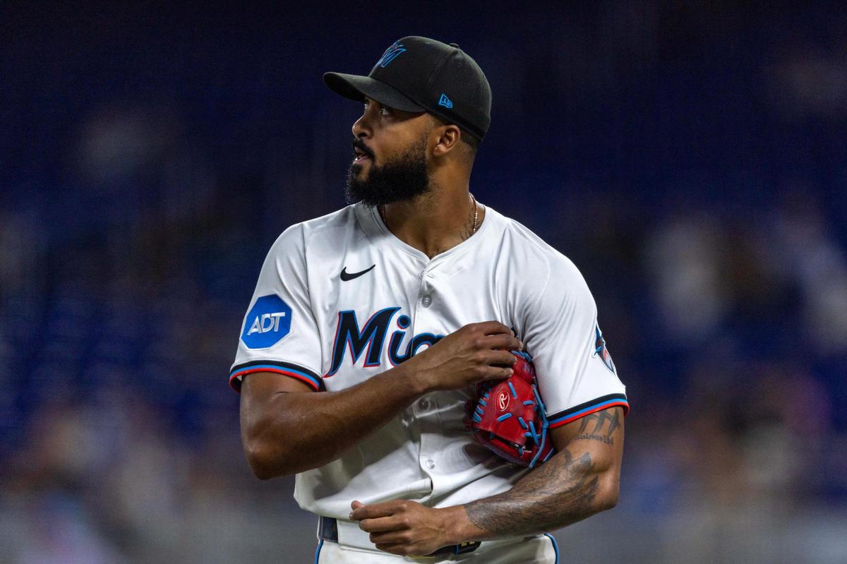 Miami Marlins pitcher Sandy Alcantara (22) reacts after the fourth inning of an MLB game against the Colorado Rockies at loanDepot park on Tuesday, June 3, 2025, in Miami, Fla.