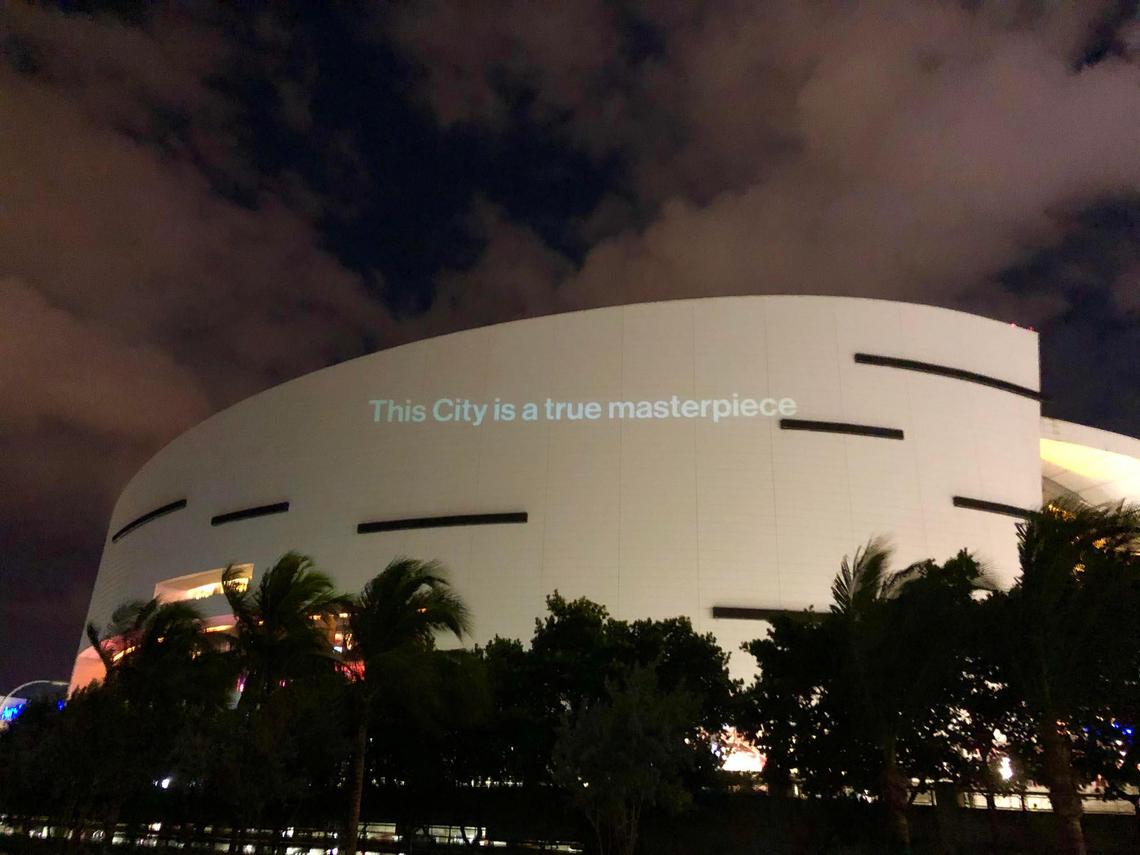 A projection from the This City is series on AmericanAirlines Arena during the O, Miami Poetry Festival.