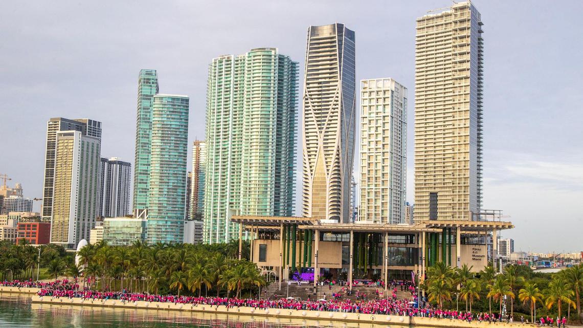 Royal Caribbean’s employees and guests welcomed the ‘Icon of the Seas’, the world’s largest cruise ship from the Perez Art Museum as the ship turns around in front of Miami’s skyline early Wednesday morning during its first arrival into PortMiami, January 10, 2024.
