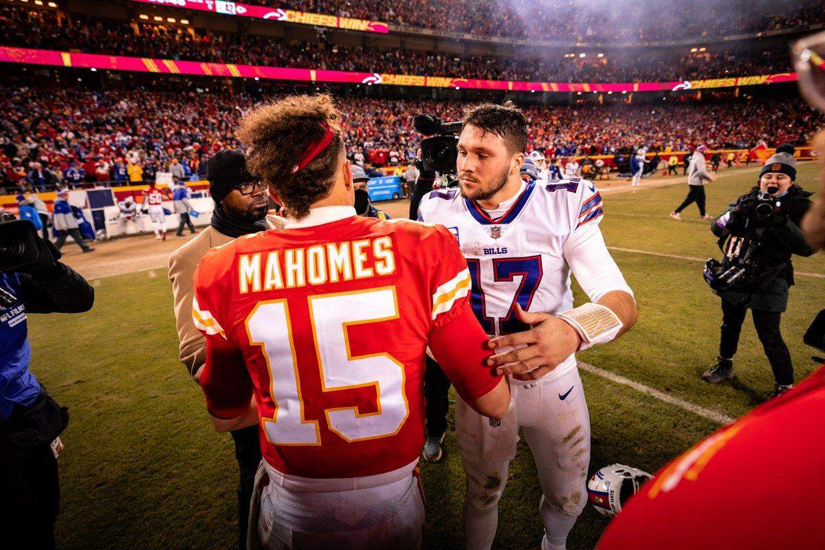 Chiefs quarterback Patrick Mahomes meets Bills’ QB Josh Allen after Kansas City’s 42-36 playoff win Sunday night.