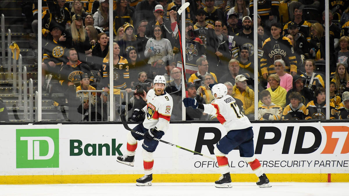 May 12, 2024; Boston, Massachusetts, USA; Florida Panthers center Sam Bennett (9) reacts with center Evan Rodrigues (17) after scoring a goal during the third period in game four of the second round of the 2024 Stanley Cup Playoffs against the Boston Bruins at TD Garden.