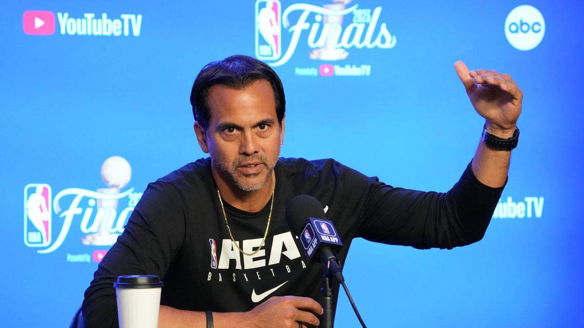 May 31, 2023; Denver, CO, USA; Miami Heat head coach Erik Spoelstra talks to the media on media day before the 2023 NBA Finals at Ball Arena.