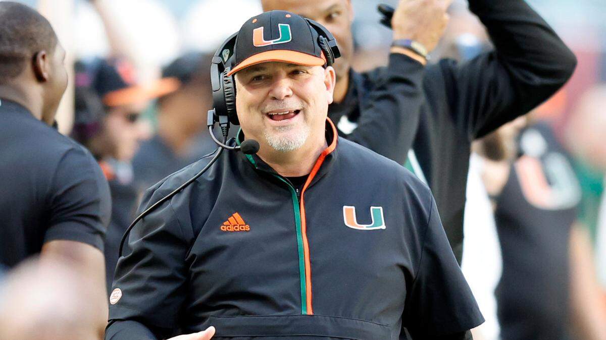 Miami Hurricanes defensive coordinator Lance Guidry reacts on the sidelines during the game against the Wake Forest Demon Deacons in the second half of their NCAA game in Miami Gardens, Florida, on Saturday, November 23, 2024.